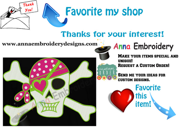 Pirate Skull Embroidery Design-Girl Pirate Skull-Day of the Dead-Halloween-Machine Embroidery Patterns-Instant Download