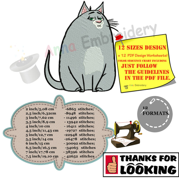 Chloe Cat-Fat Cat Embroidery Design-Machine Embroidery-Instant Download-Filled Stitch