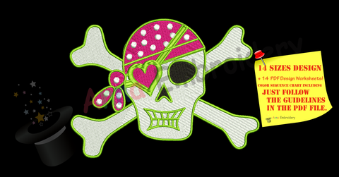 Pirate Skull Embroidery Design-Girl Pirate Skull-Day of the Dead-Halloween-Machine Embroidery Patterns-Instant Download