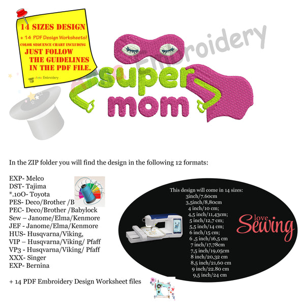 Super Mom Embroidery Design- Mother's Day Embroidery-Superhero- Machine Embroidery Patterns-Instant Download-PES