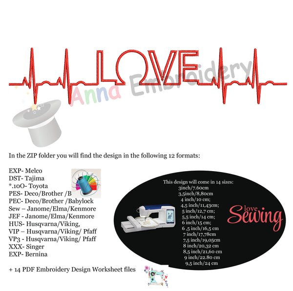 Love Life Line Embroidery-Wedding Embroidery-Heartbeat Design-Valentine's Day Design-EKG Design-Machine Patterns-Instant Download
