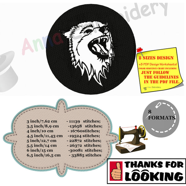 Design de broderie de mașină de lup, design de lup, design de broderie de cap de lup, cusătură umplută, modele de mașini, design de 8 dimensiuni DESCĂRCARE INSTANTANĂ