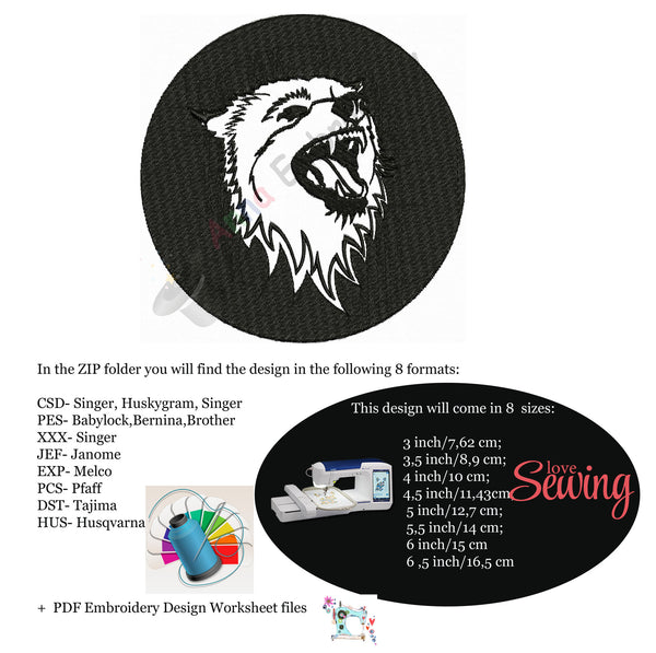 Wolf Machine Embroidery Design, Wolf Design, Wolf Head Embroidery Design, Filled stitch, machine patterns,8 sizes design INSTANT DOWNLOAD